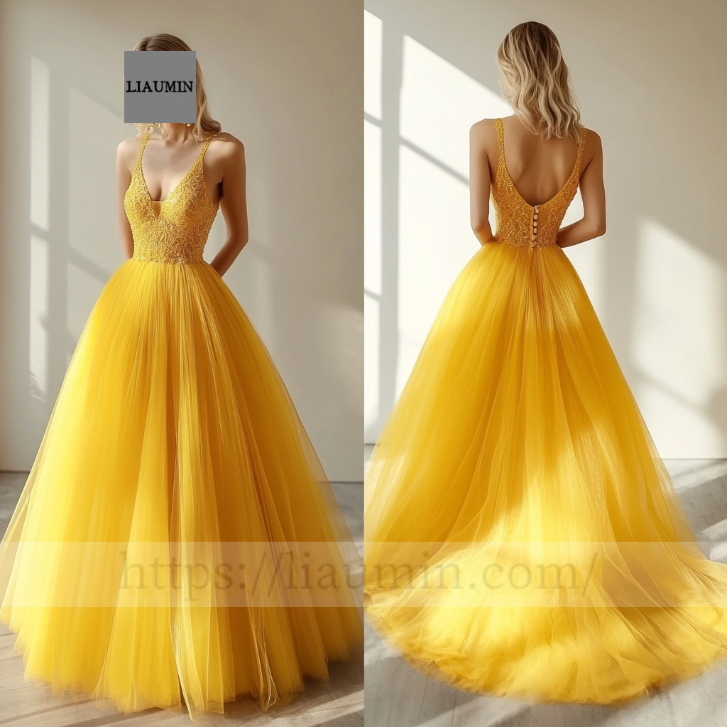 Yellow Tulle Lace Applique Wedding Evening Prom Formal Princess Dress C-14.5