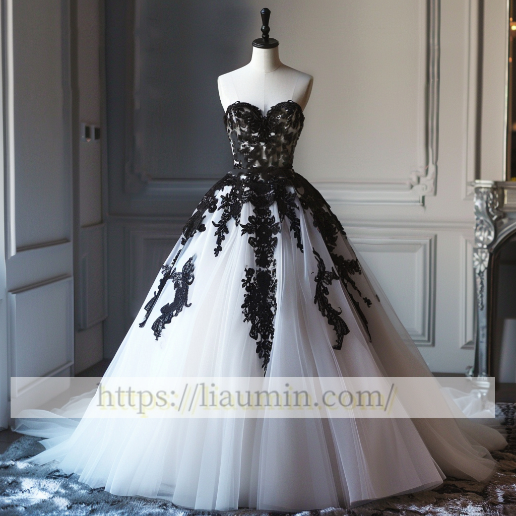 New White and Black Lace Applique Ball Gown Wedding Dress Prom Princess Dress  W13-14.6