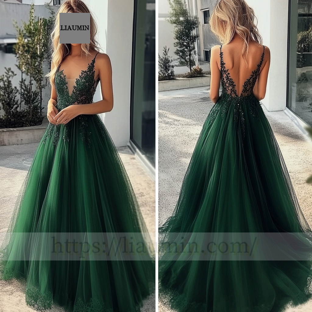 Green Tulle With Lace Applique Wedding Evening Prom Formal Princess Dress C-14.6