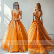 Load image into Gallery viewer, Orange Tulle Lace Applique Wedding Evening Prom Formal Princess Dress C-14.7
