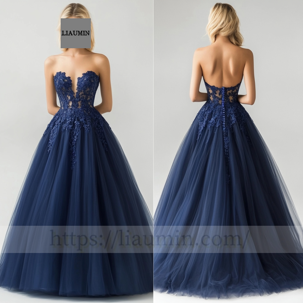 Navy Blue Tulle Lace Applique Wedding Evening Prom Formal Princess Dress C-14.9