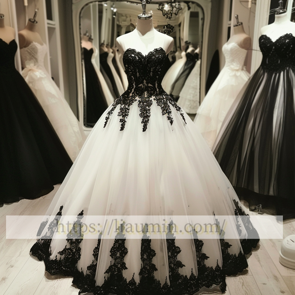 Hand Made Custom White and Black Lace Applique Strapless Wedding Dress Prom Princess Dress W13-15.2