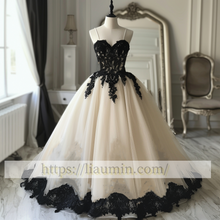 Load image into Gallery viewer, Hand Made Custom Ivory and Black Lace Applique Strapless Wedding Dress Prom Princess Dress W13-15.3
