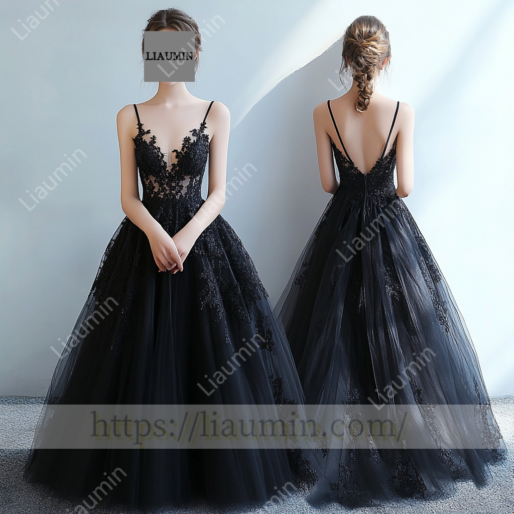 Custom Black Tulle With Lace Applique Wedding Evening Prom Formal Princess Dress C-15.3