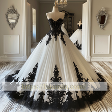 Load image into Gallery viewer, Hand Made Custom White and Black Lace Applique Strapless Wedding Dress Prom Princess Dress W13-15.5
