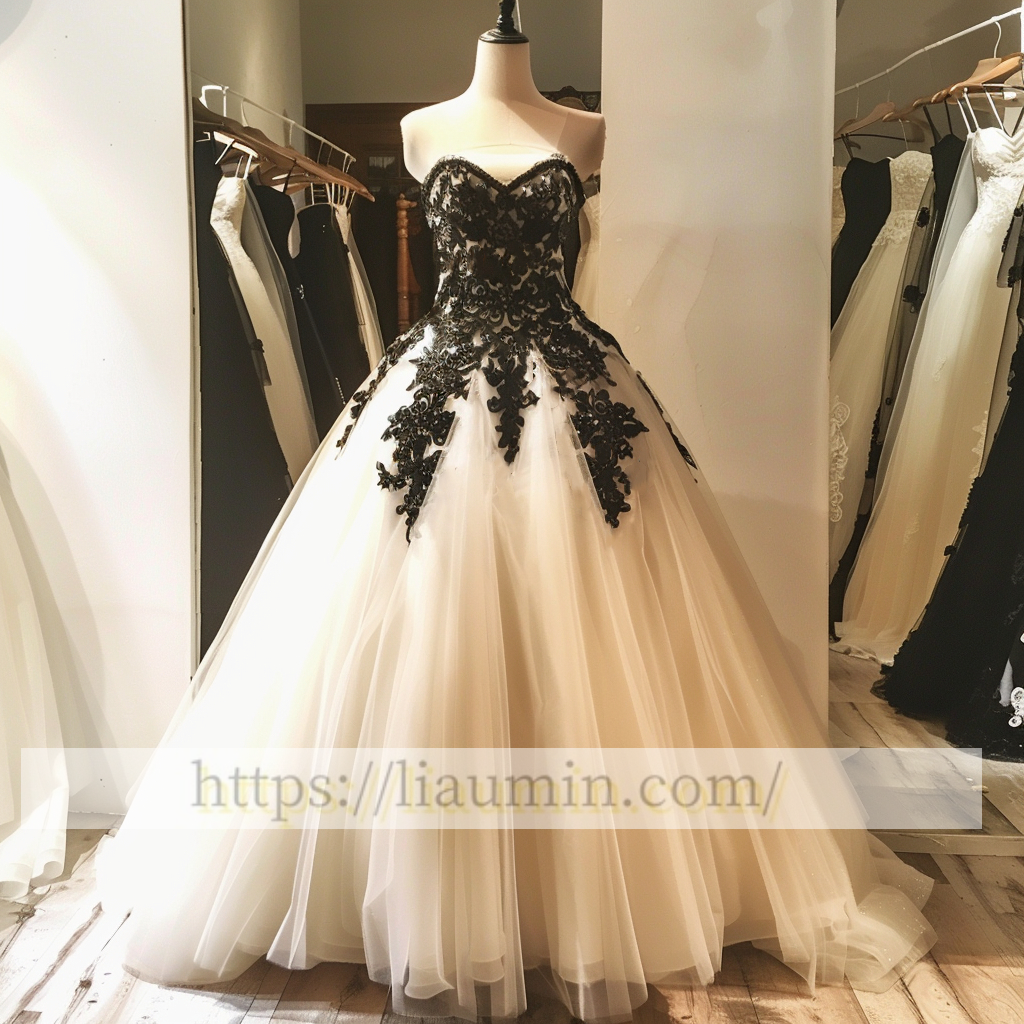 Ivory Tulle and Black Lace Applique Strapless Wedding Dress Prom Princess Dress W13-16.1