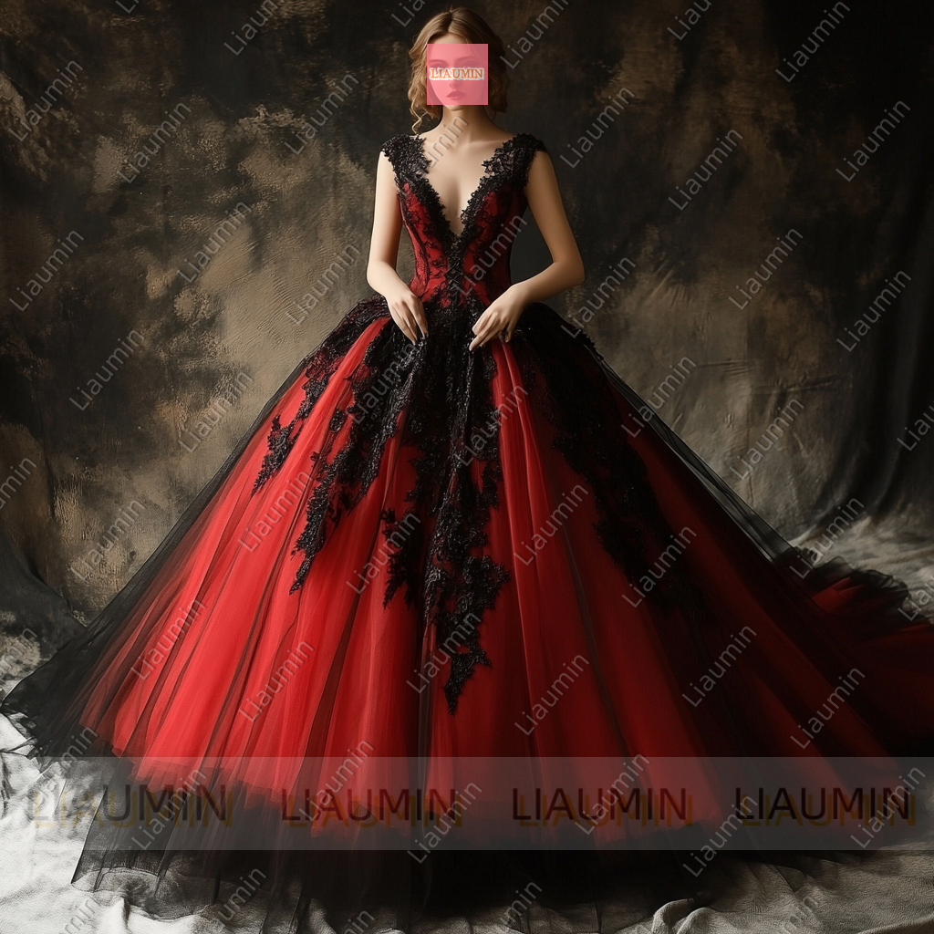 Customized Red Tulle and Black Lace Applique Wedding Evening Prom Formal Princess Dress W19.16.1
