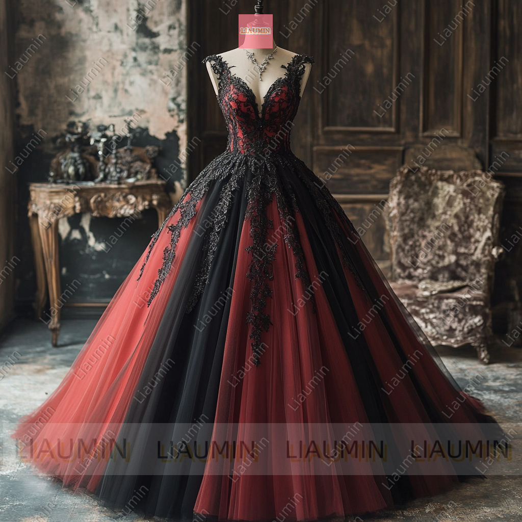 Customized V Neck Red Tulle and Black Lace Applique Wedding Evening Prom Formal Princess Dress W19.16.2