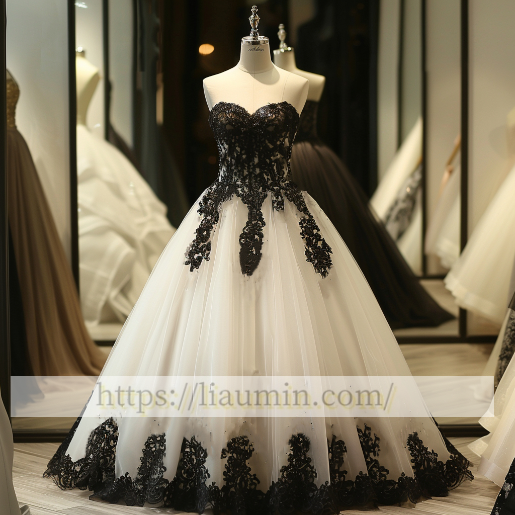 White Tulle and Black Lace Applique Ball Gown Wedding Dress Prom Princess Dress W13-16.2