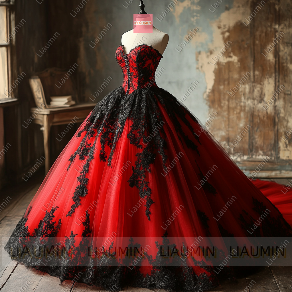 Customized Red Tulle and Black Lace Applique Strapless Wedding Evening Prom Formal Princess Dress W19.16.3