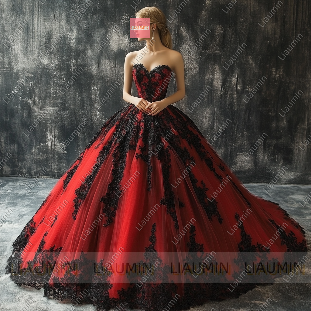 Customized Red Tulle and Black Lace Applique Strapless Wedding Evening Prom Formal Princess Dress W19.16.4