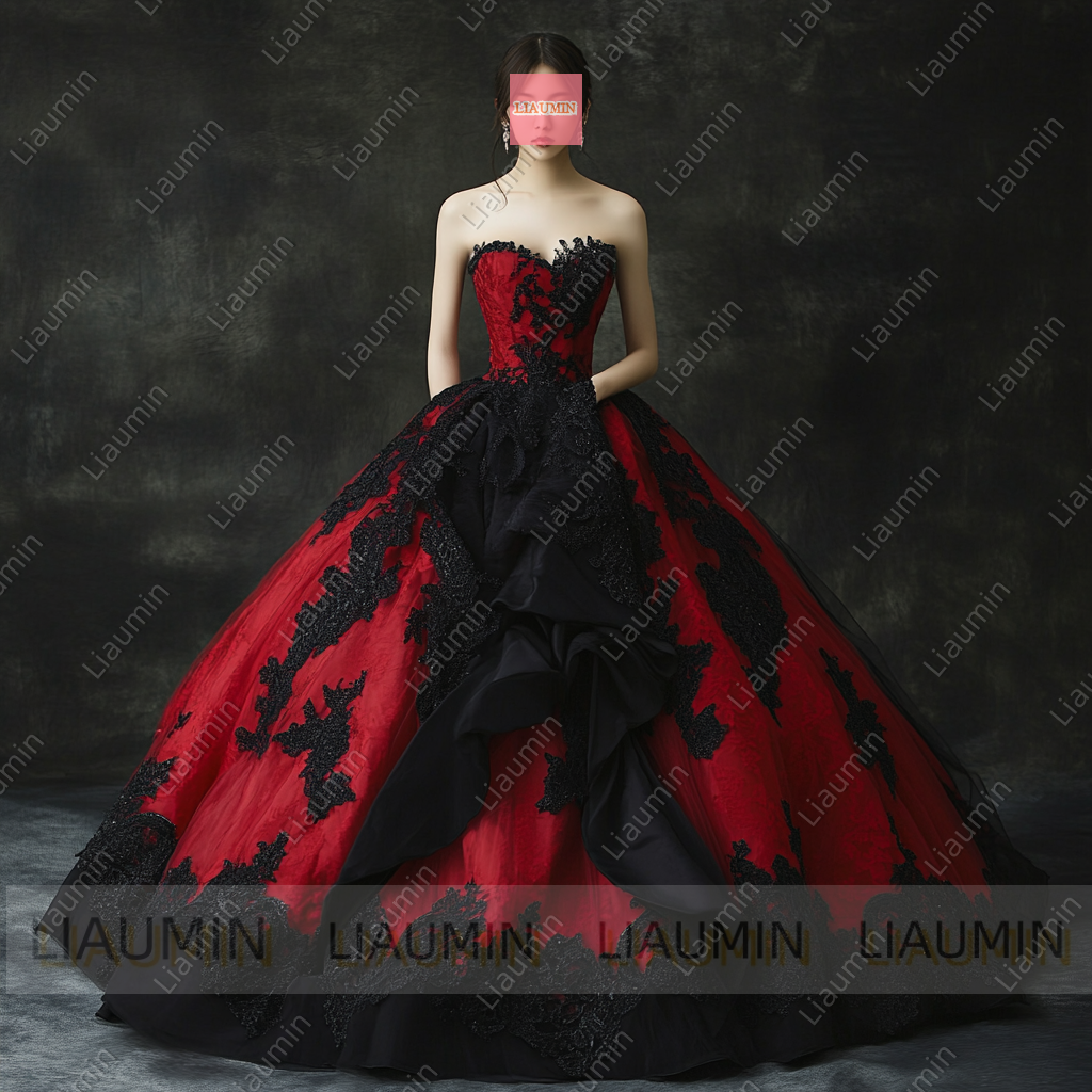 Customized Red Tulle and Black Lace Applique Strapless Wedding Evening Prom Formal Princess Dress W19.16.5