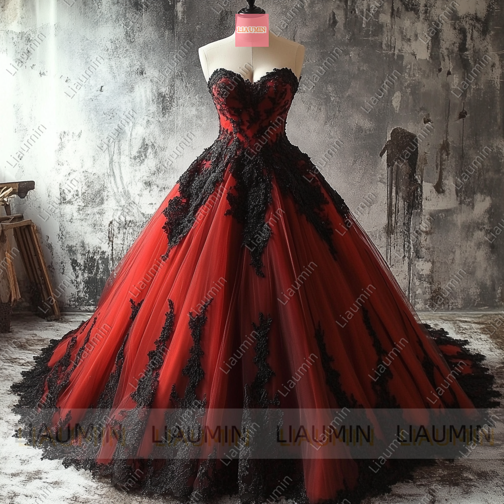 Customized Red Tulle and Black Lace Applique Strapless Wedding Evening Prom Formal Princess Dress W19.16.6