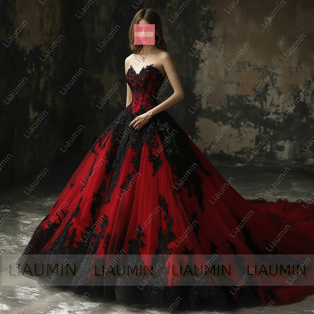 Customized Red Tulle and Black Lace Applique Strapless Wedding Evening Prom Formal Princess Dress W19.16.7