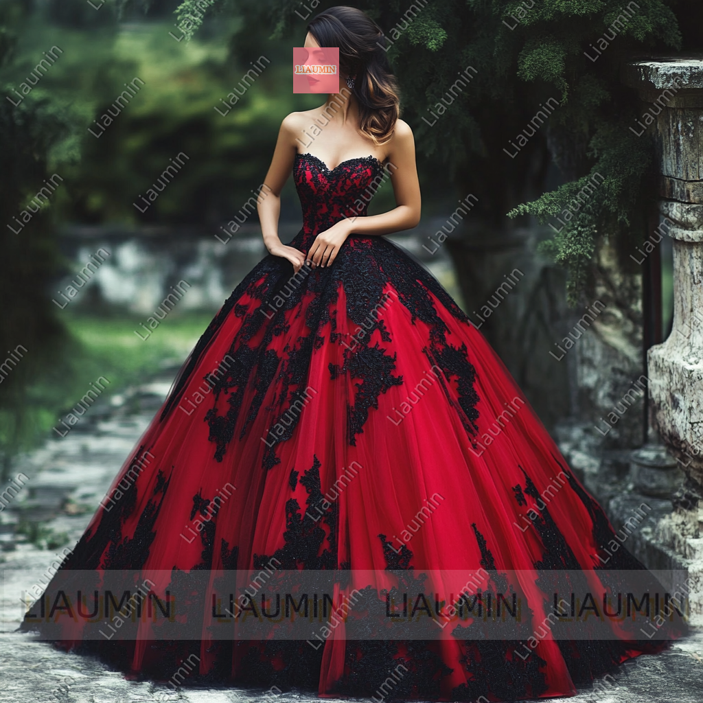 Customized Red Tulle and Black Lace Applique Strapless Wedding Evening Prom Formal Princess Dress W19.16.8