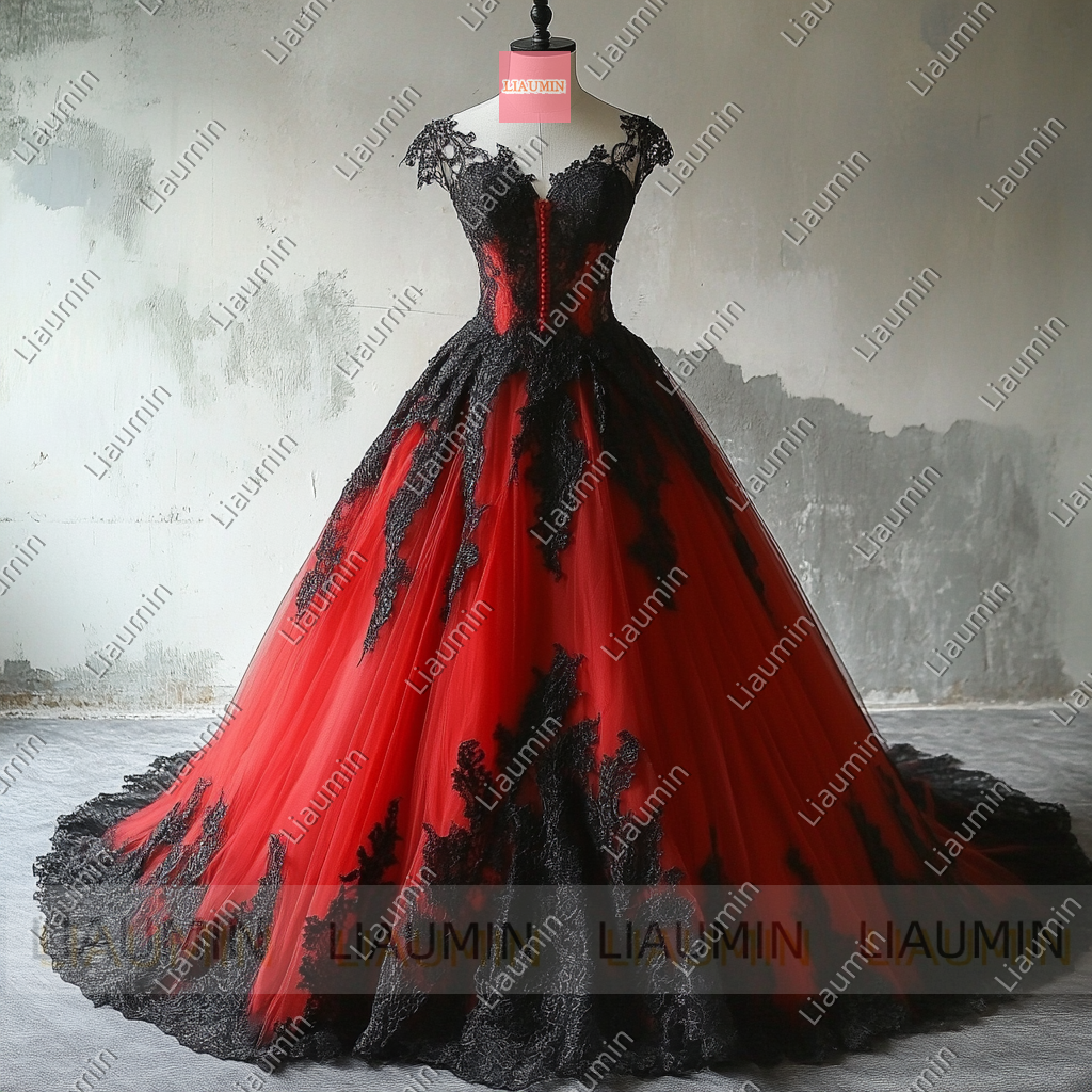 Customized Red Tulle and Black Lace Applique Cap Sleeve Wedding Evening Prom Formal Princess Dress W19.17.1