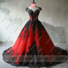 Load image into Gallery viewer, Customized Red Tulle and Black Lace Applique Cap Sleeve Wedding Evening Prom Formal Princess Dress W19.17.1
