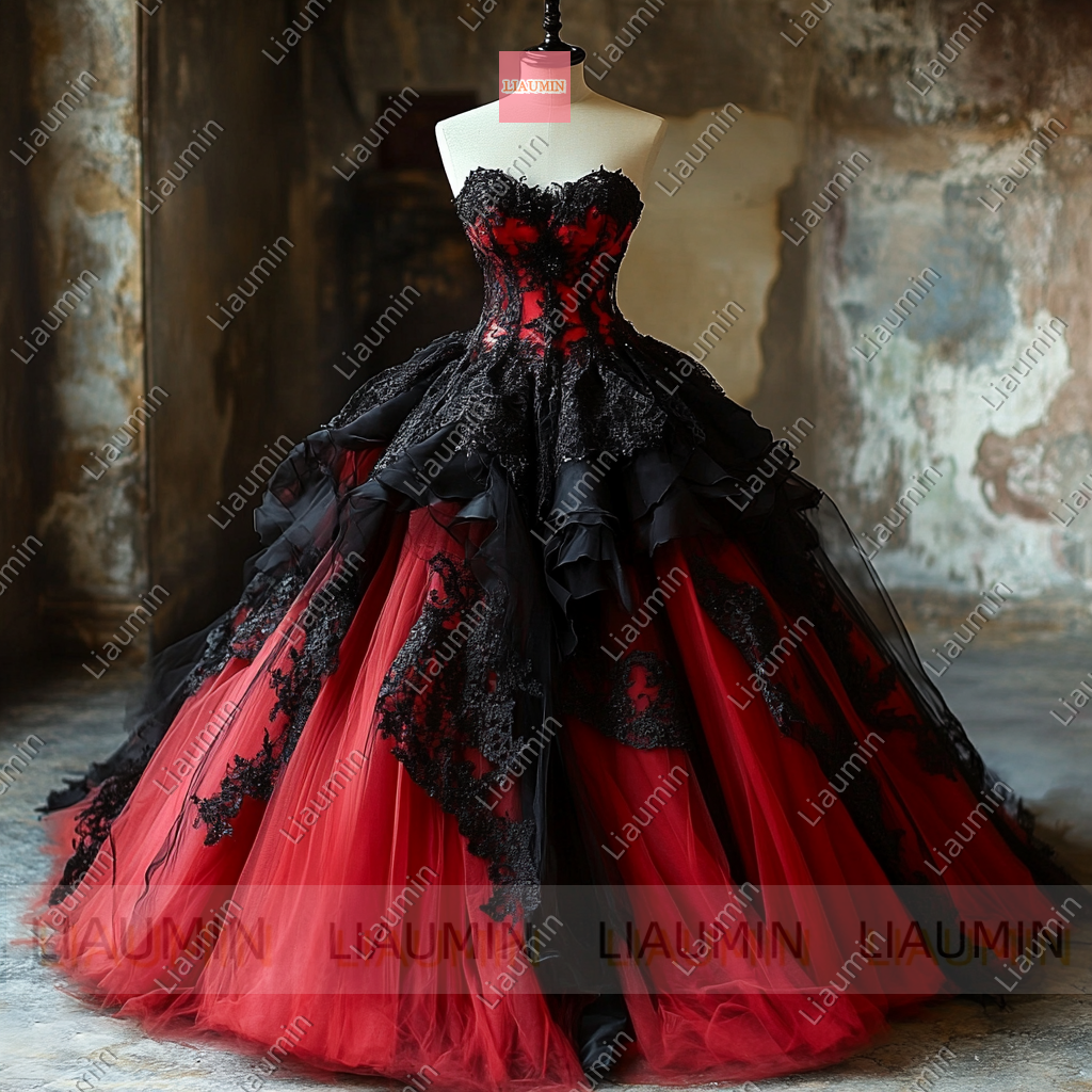 Customized Red Tulle and Black Lace Applique Wedding Evening Prom Formal Princess Dress W19.17.2