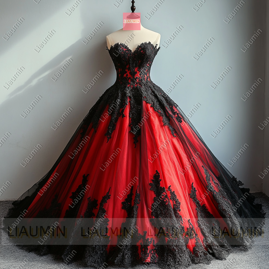 Customized Red Tulle and Black Lace Applique Wedding Evening Prom Formal Princess Dress W19.17.3