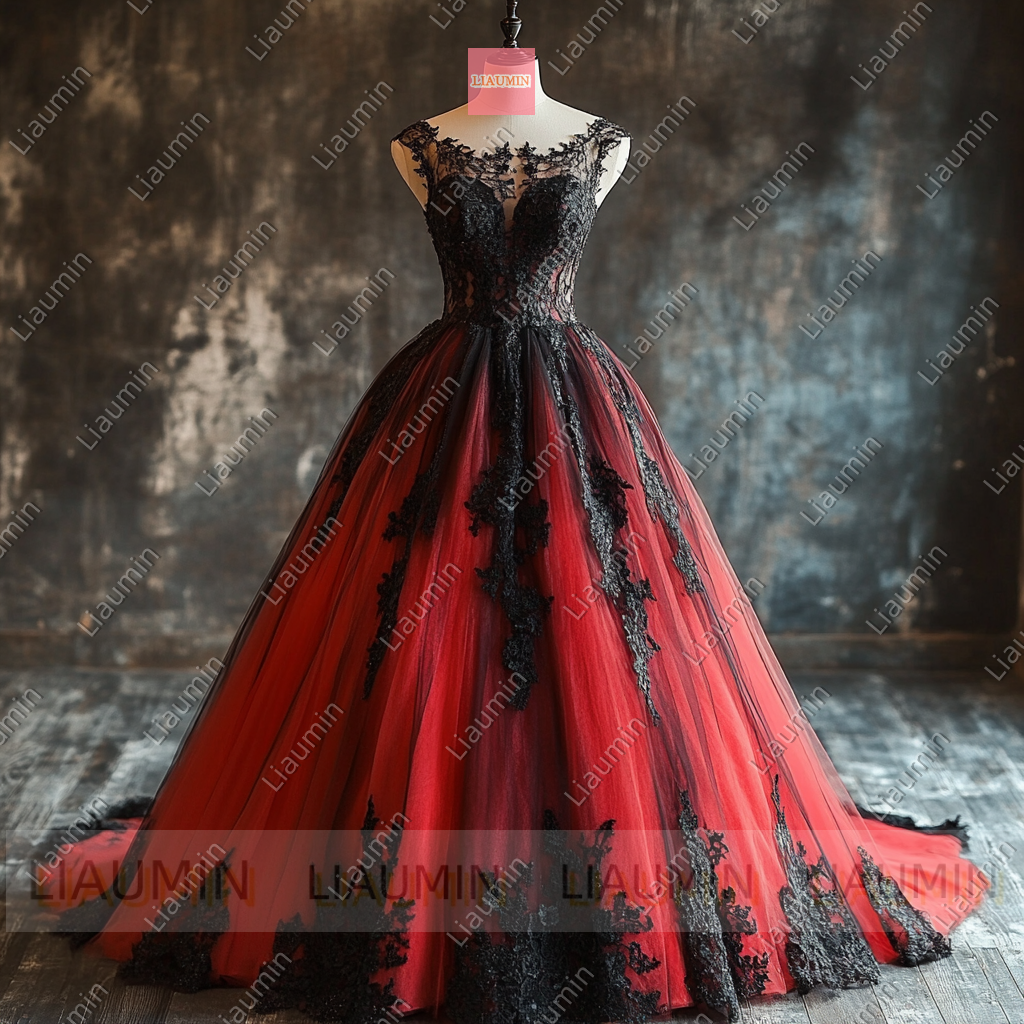 Customized Red Tulle and Black Lace Applique Wedding Evening Prom Formal Princess Dress W19.17.4