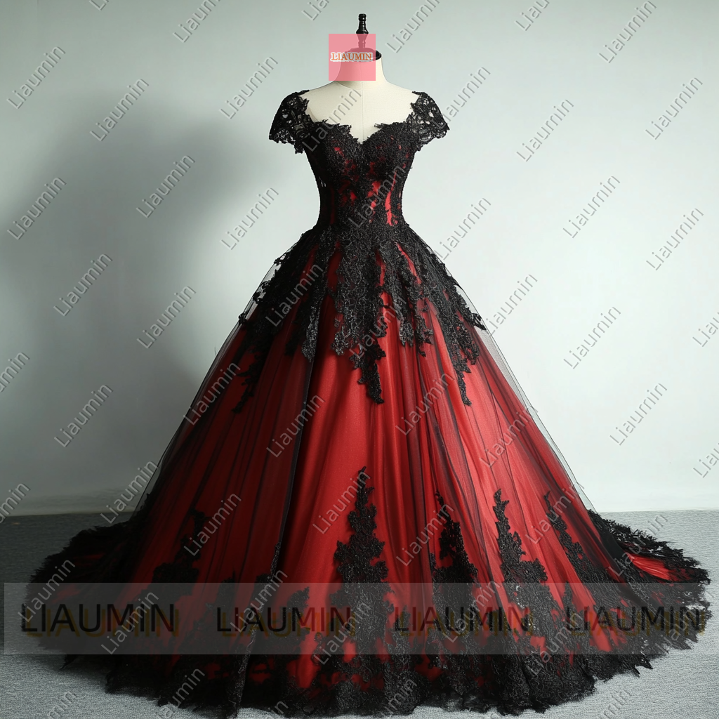 Customized Red Tulle and Black Lace Applique Wedding Evening Prom Formal Princess Dress W19.17.5