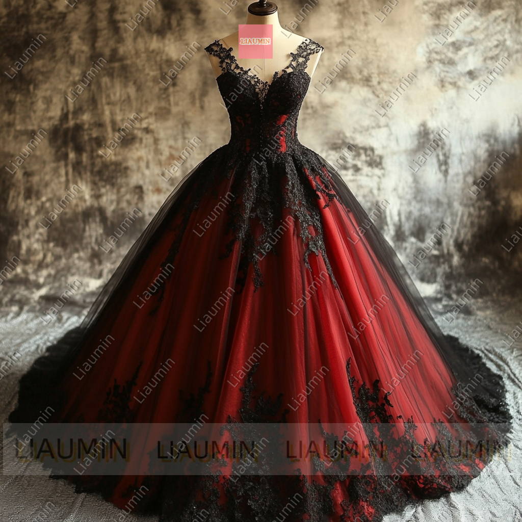 Customized Red Tulle and Black Lace Applique Wedding Evening Prom Formal Princess Dress W19.17.7