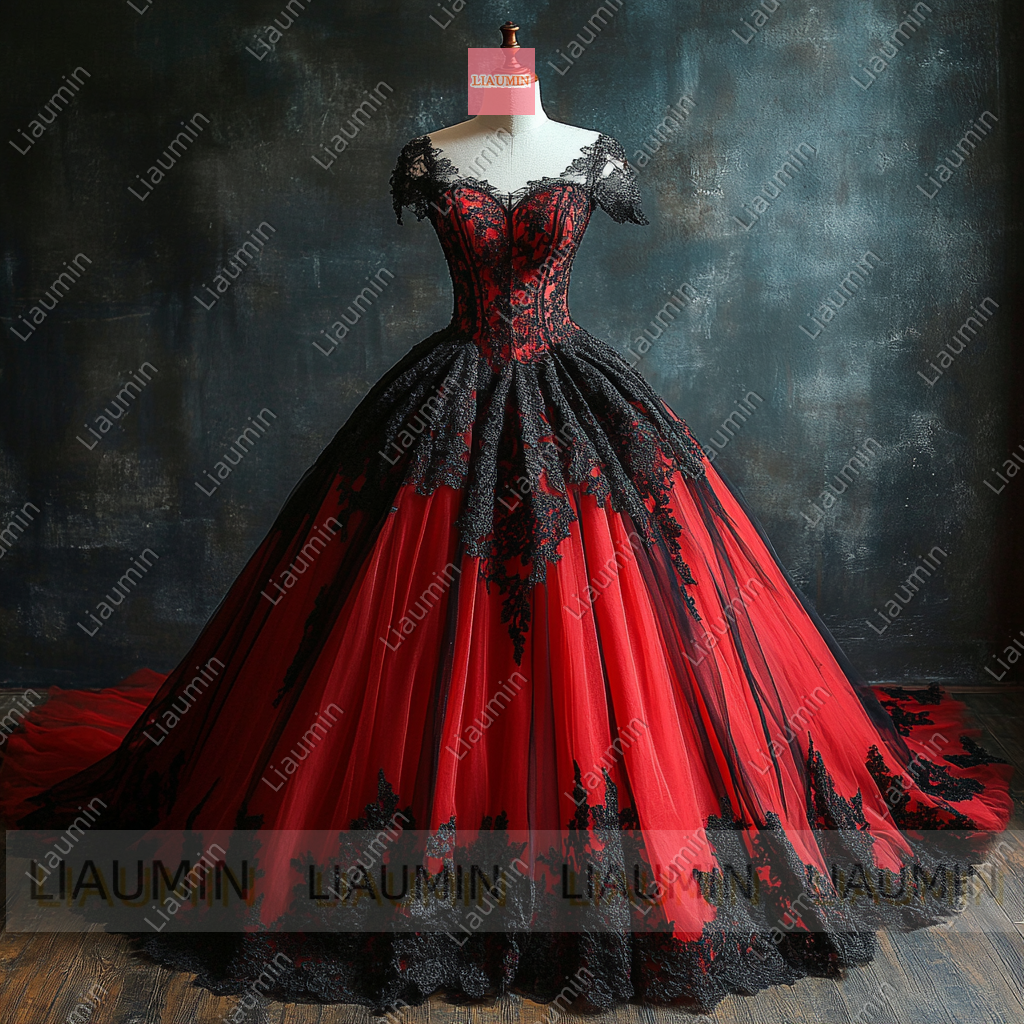 Customized Red Tulle and Black Lace Applique Wedding Evening Prom Formal Princess Dress W19.17.8