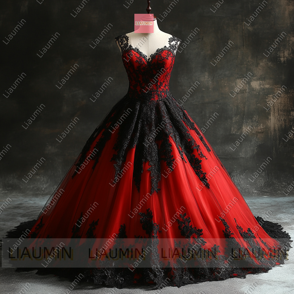 Customized Red Tulle and Black Lace Applique Wedding Evening Prom Formal Princess Dress W19.18.1