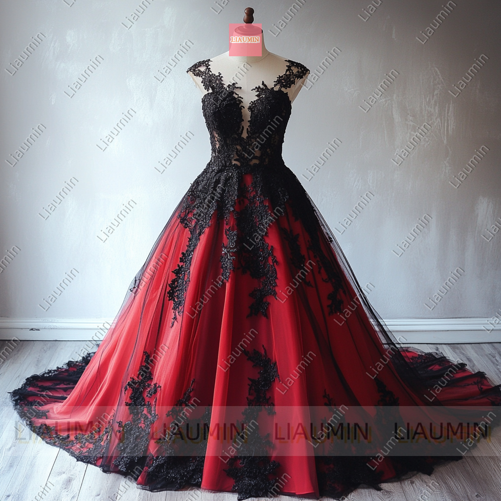 Customized Red Tulle and Black Lace Applique Wedding Evening Prom Formal Princess Dress W19.18.2