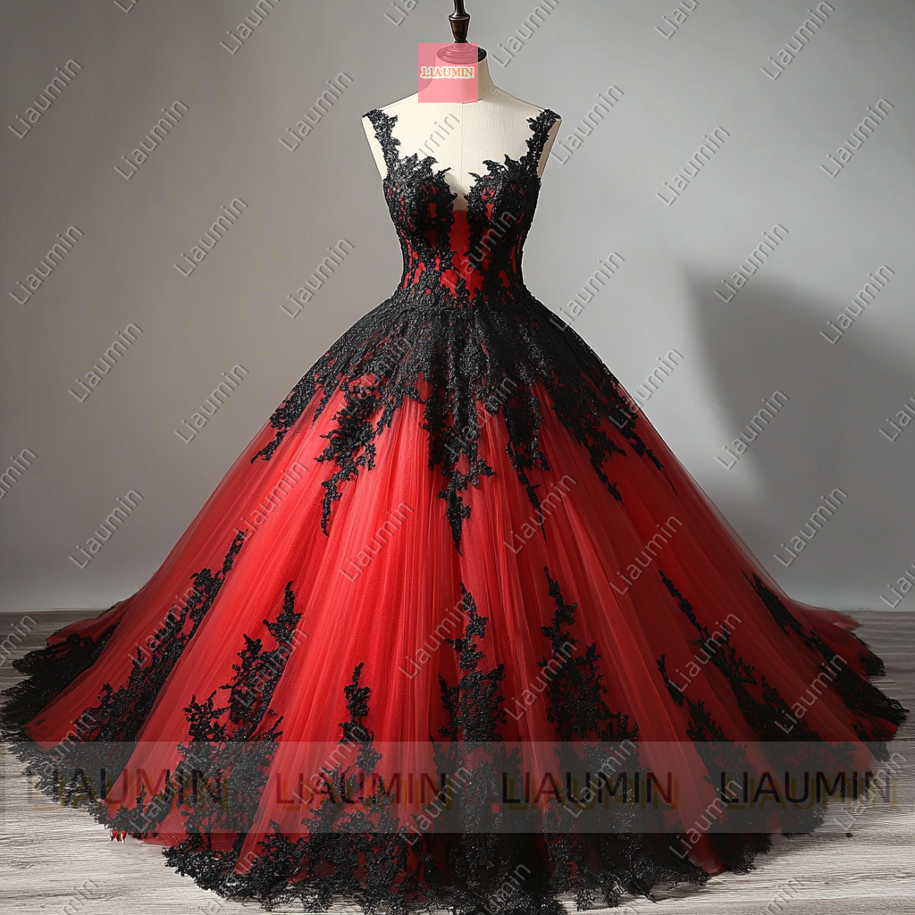 Customized Red Tulle and Black Lace Applique Wedding Evening Prom Formal Princess Dress W19.18.3