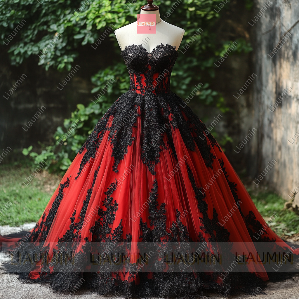 Customized Red Tulle and Black Lace Applique Wedding Evening Prom Formal Princess Dress W19.18.4