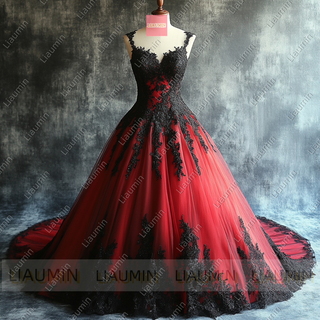 Customized Red Tulle and Black Lace Applique Wedding Evening Prom Formal Princess Dress W19.18.5
