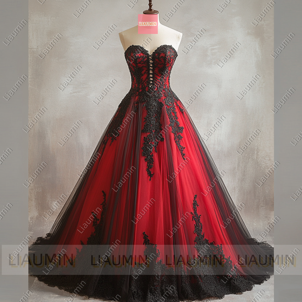 Customized Red Tulle and Black Lace Applique Wedding Evening Prom Formal Princess Dress W19.18.6