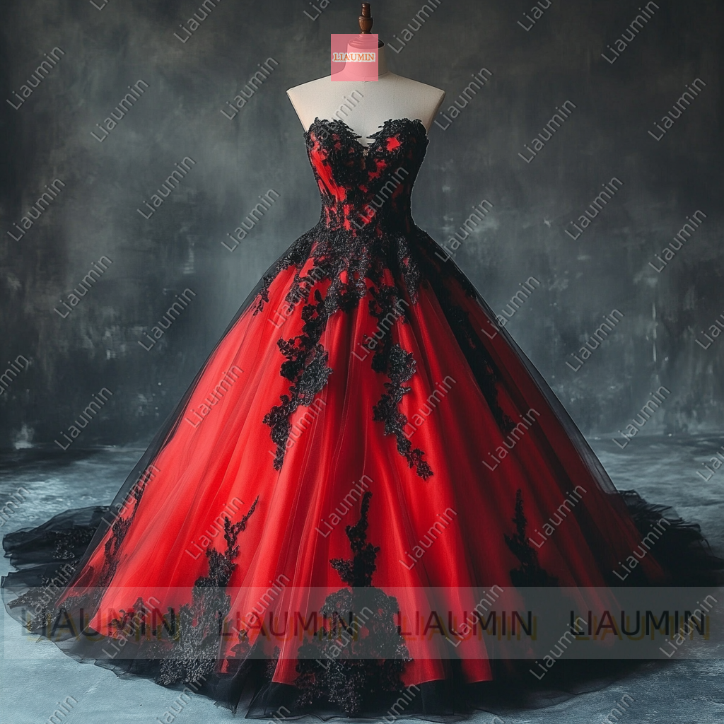 Customized Red Tulle and Black Lace Applique Wedding Evening Prom Formal Princess Dress W19.18.7