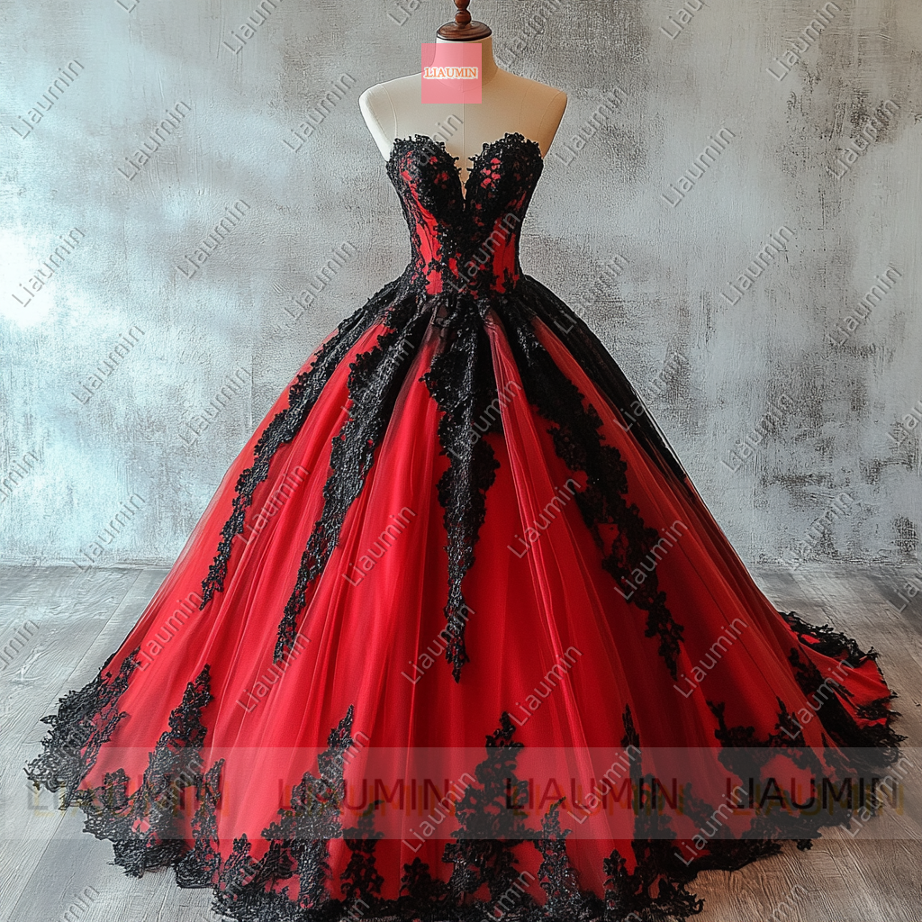 Customized Red Tulle and Black Lace Applique Wedding Evening Prom Formal Princess Dress W19.18.8