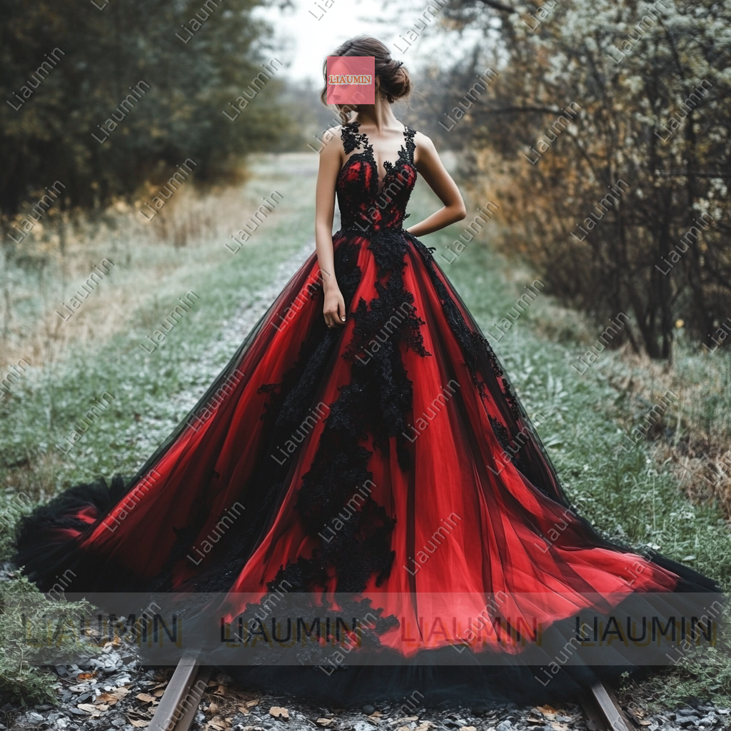 Customized Red Tulle and Black V Neck Wedding Evening Prom Formal Princess Dress W19.19.2