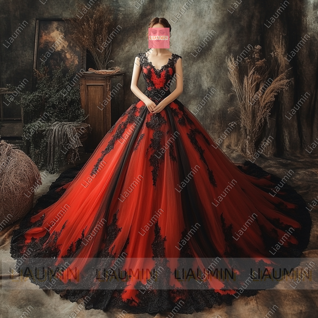 Customized Red Tulle and Black With Strap Wedding Evening Prom Formal Princess Dress W19.19.3