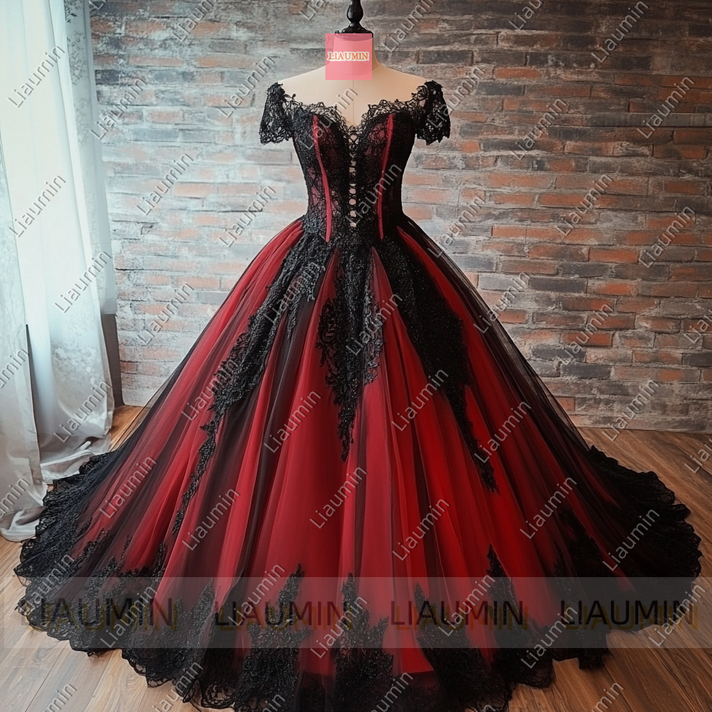 Red Tulle and Black Cap Sleeve Wedding Evening Prom Formal Princess Dress W19.19.5