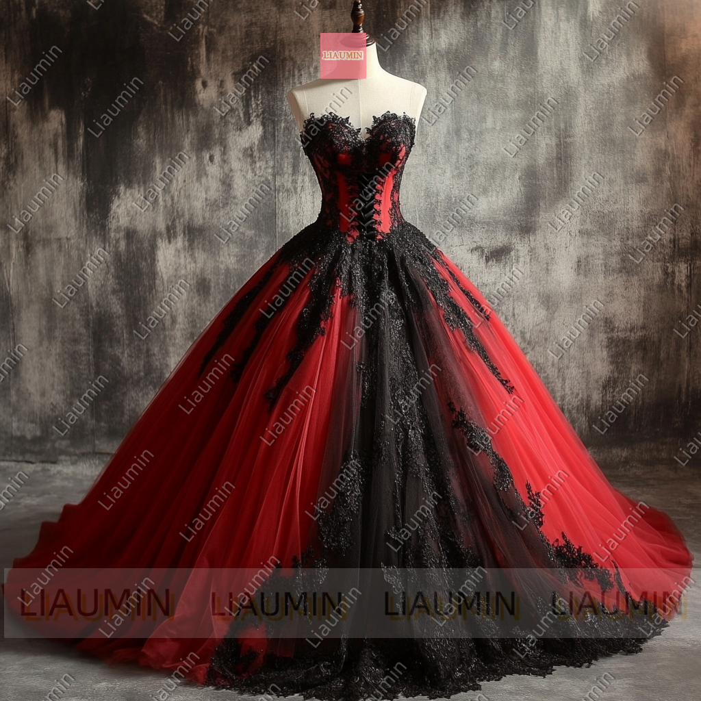 Red Tulle and Black Cap Sleeve Wedding Evening Prom Formal Princess Dress W19.19.7