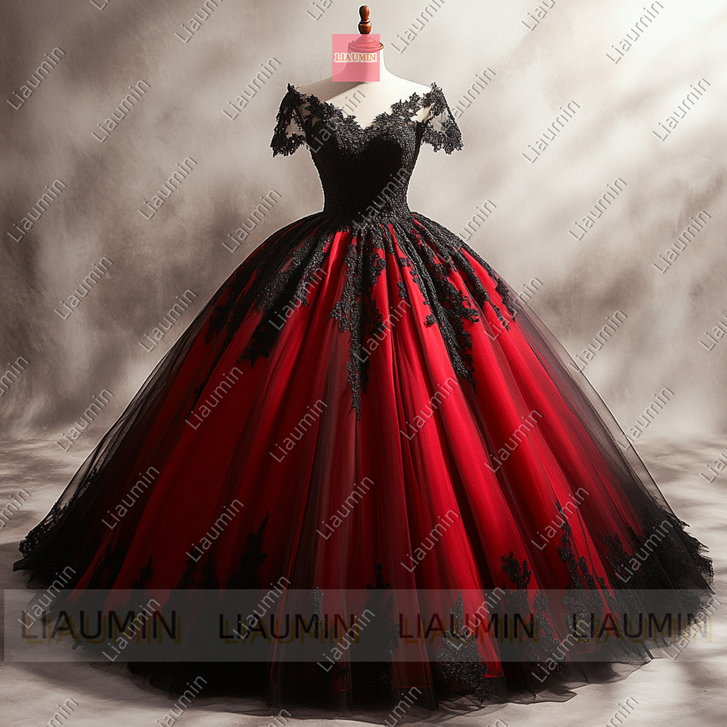 Red Tulle and Black With Strap Lace-up Wedding Evening Prom Formal Princess Dress W19.19.8