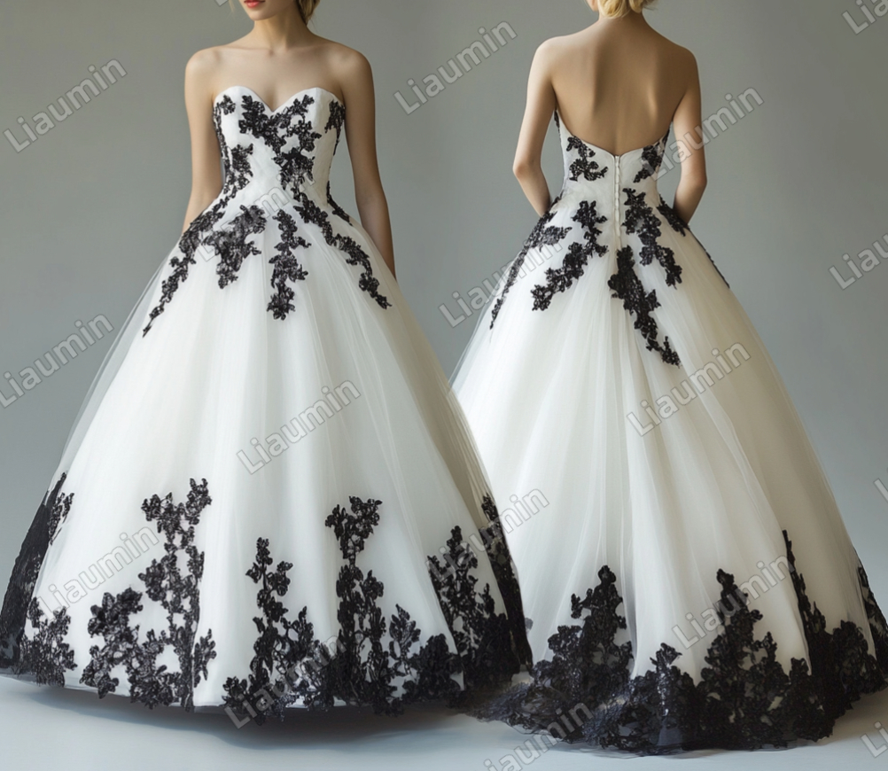 White Tulle Black Lace Applique Strapless Wedding Evening Prom Formal Lace Up Back Princess Dress C-1.10