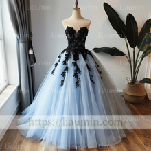 Load image into Gallery viewer, Custom Made Sky Blue Tulle Black Lace Applique Strapless Evening Prom Formal Lace Up Back Princess Dress A-1.10
