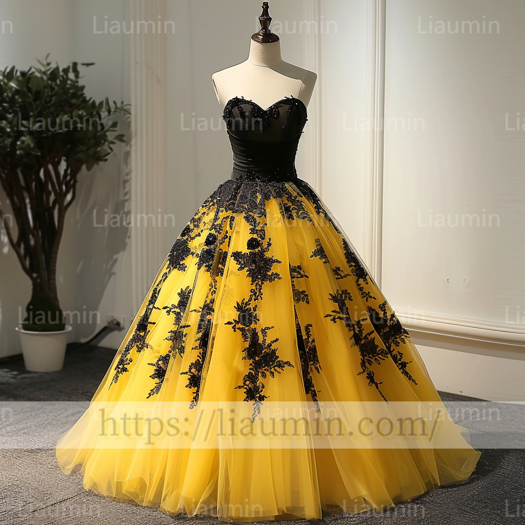 Custom Made Yellow Tulle Black Lace Applique Strapless Evening Prom Formal Lace Up Back Princess Dress A-1.11