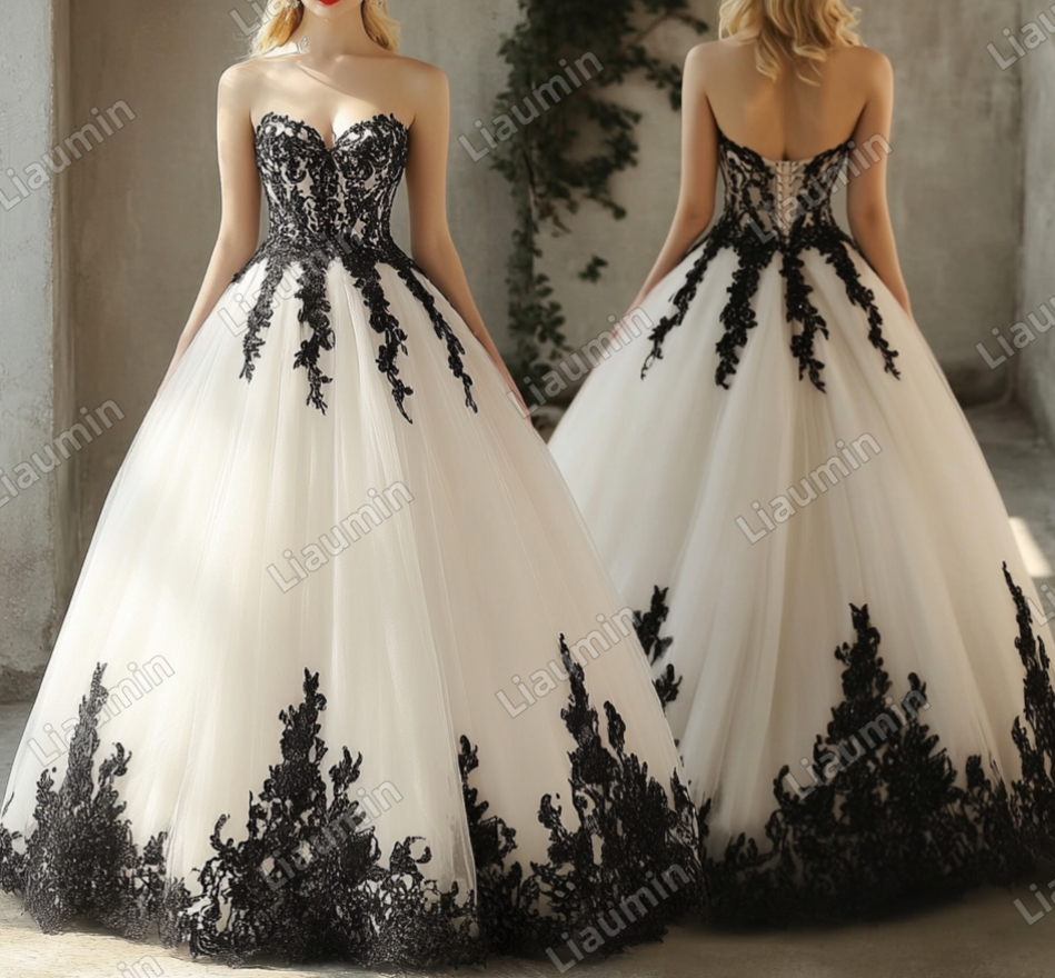 Ivory Tulle Black Lace Applique Strapless Wedding Evening Prom Formal Lace Up Back Princess Dress C-1.11