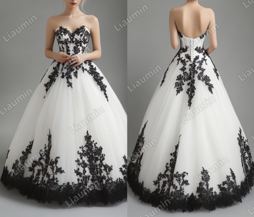 White Tulle Black Lace Applique Strapless Wedding Evening Prom Formal Lace Up Back Princess Dress C-1.12