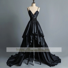 Load image into Gallery viewer, Black spaghetti straps Hi-Lo Evening Party Prom Formal Occasion Princess Dress W5-1.12
