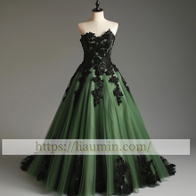 Load image into Gallery viewer, Green and Black Applique Tulle Lace Up Back Evening Party Prom Formal Occasion Princess Homecoming Dress A-1.12
