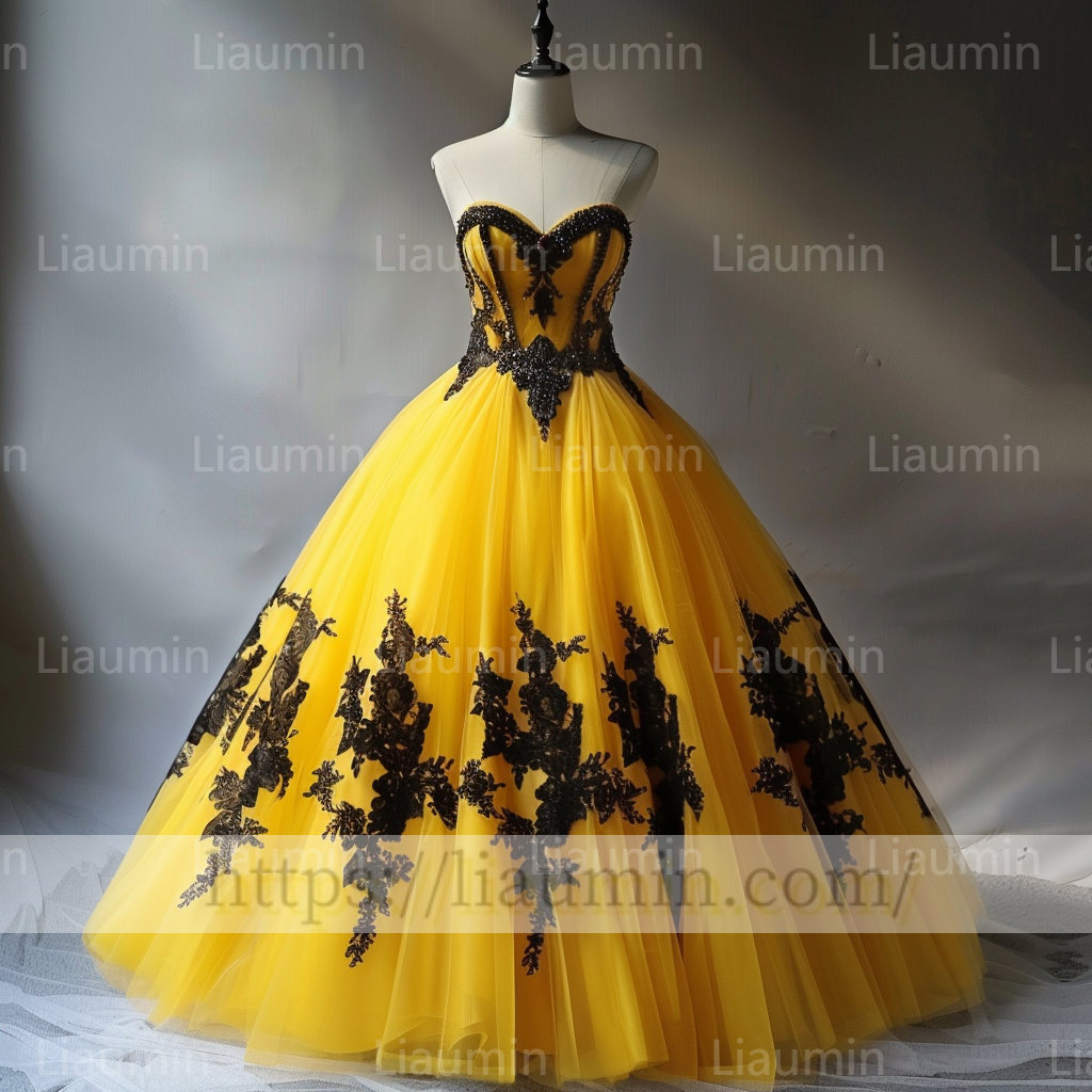 Custom Made Yellow Tulle Black Lace Applique Strapless Evening Prom Formal Lace Up Back Princess Dress A-1.12