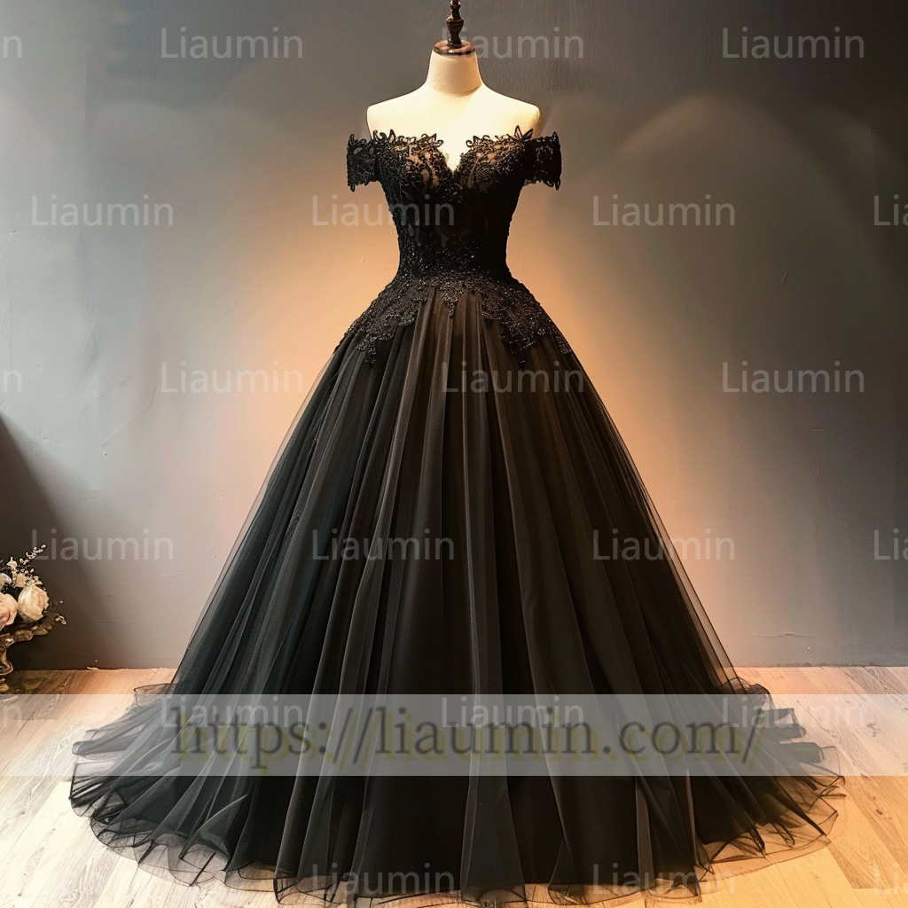 Custom Made Black Tulle Black Lace Applique Off The Shoulder Evening Prom Formal Lace Up Back Princess Dress A-1.13