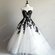 Load image into Gallery viewer, White Tulle Black Lace Applique Strapless Wedding Evening Prom Formal Lace Up Back Princess Dress C-1.13
